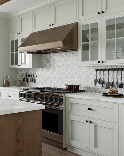 White cabinetry with shaker-style doors and glass inserts, creating a bright and open feel.