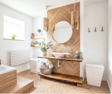 clean looking bathroom with wooden fixtures